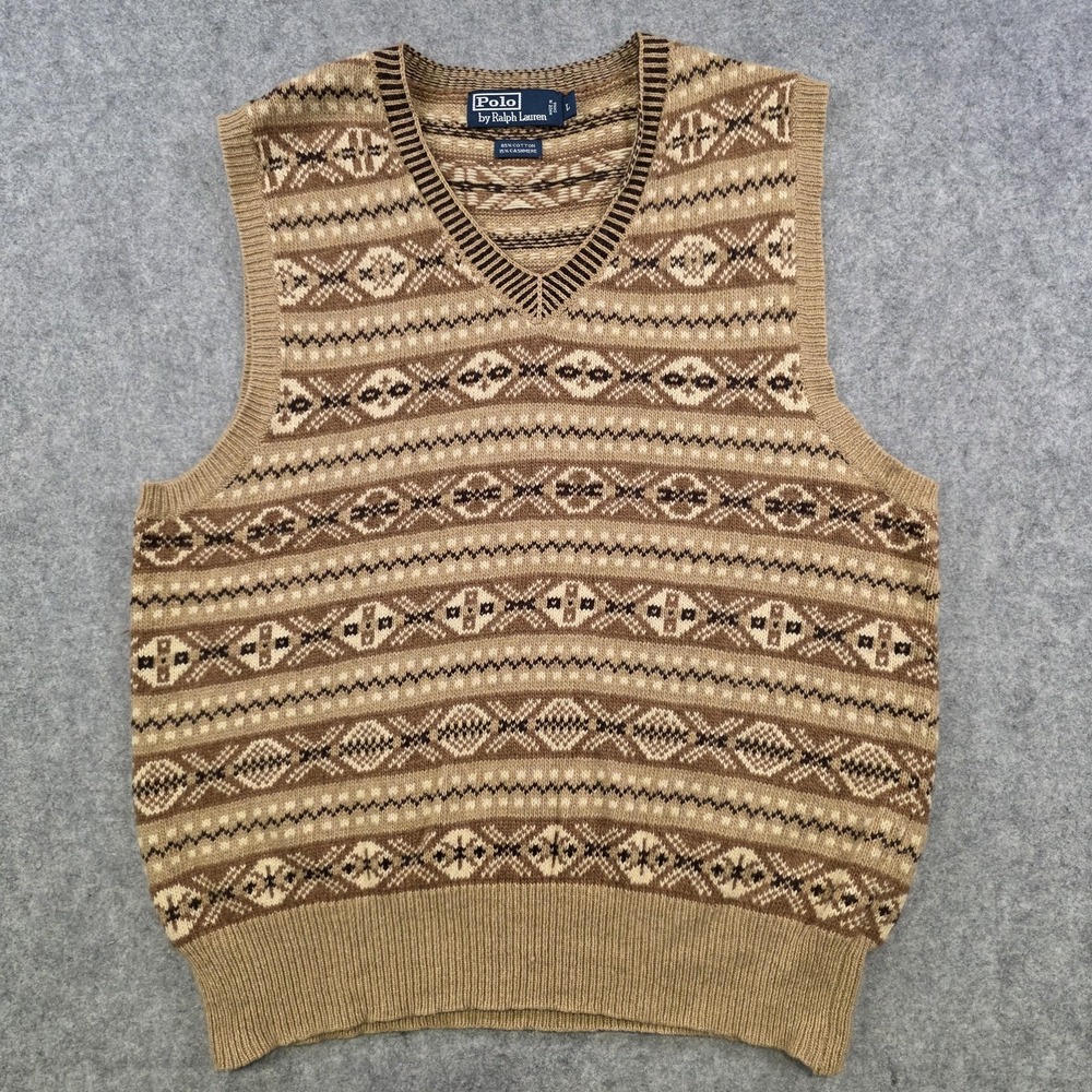 Polo Ralph Lauren Sweater Vest Mens Large Brown Cotton Cashmere Fair Isle V Neck - Picture 2 of 9